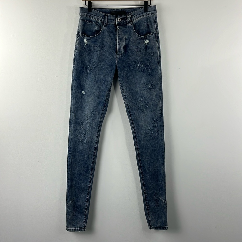 Kollar Mens Distressed Dark Blue Denim Skinny Jeans FW18 CBD01 Size 30